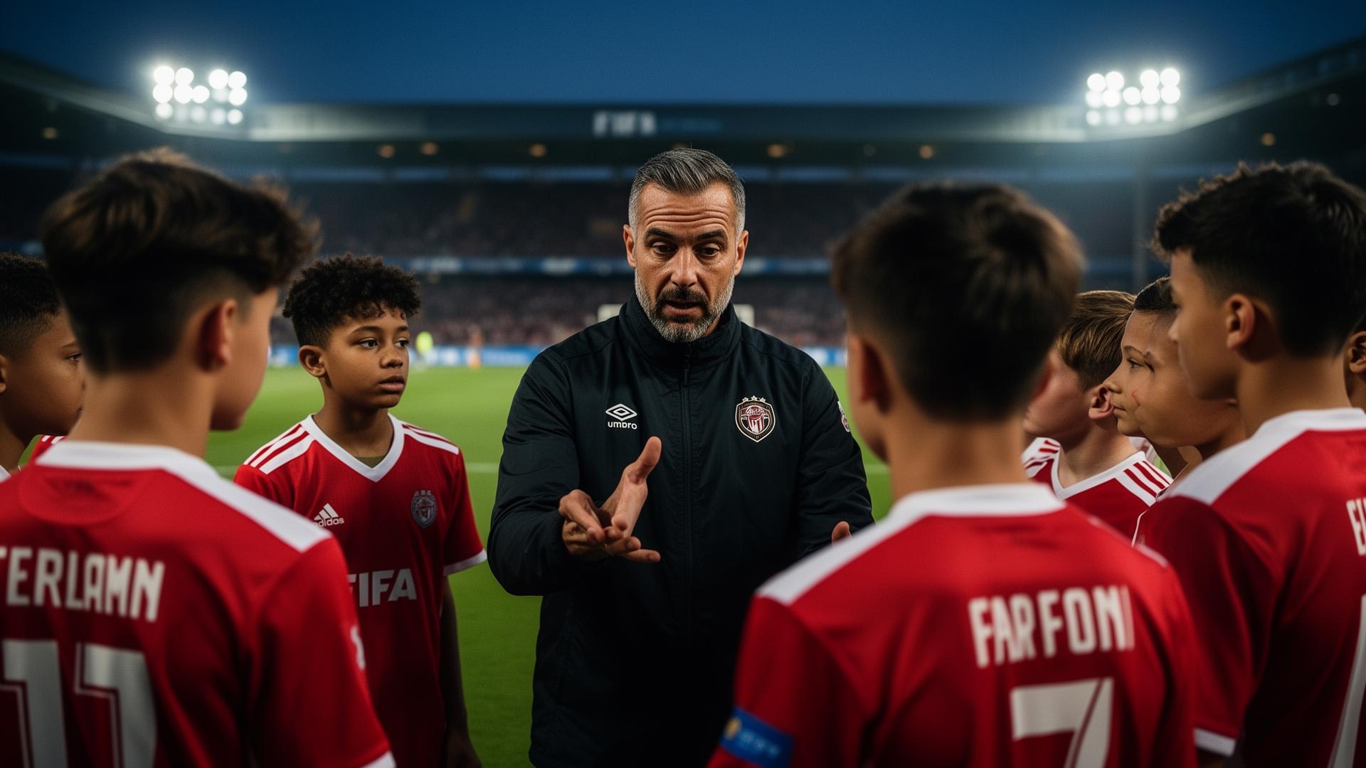Entrenador dando instrucciones tácticas a jóvenes jugadores